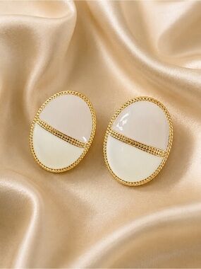 Elegant Ivory & Gold Oval Statement Earrings